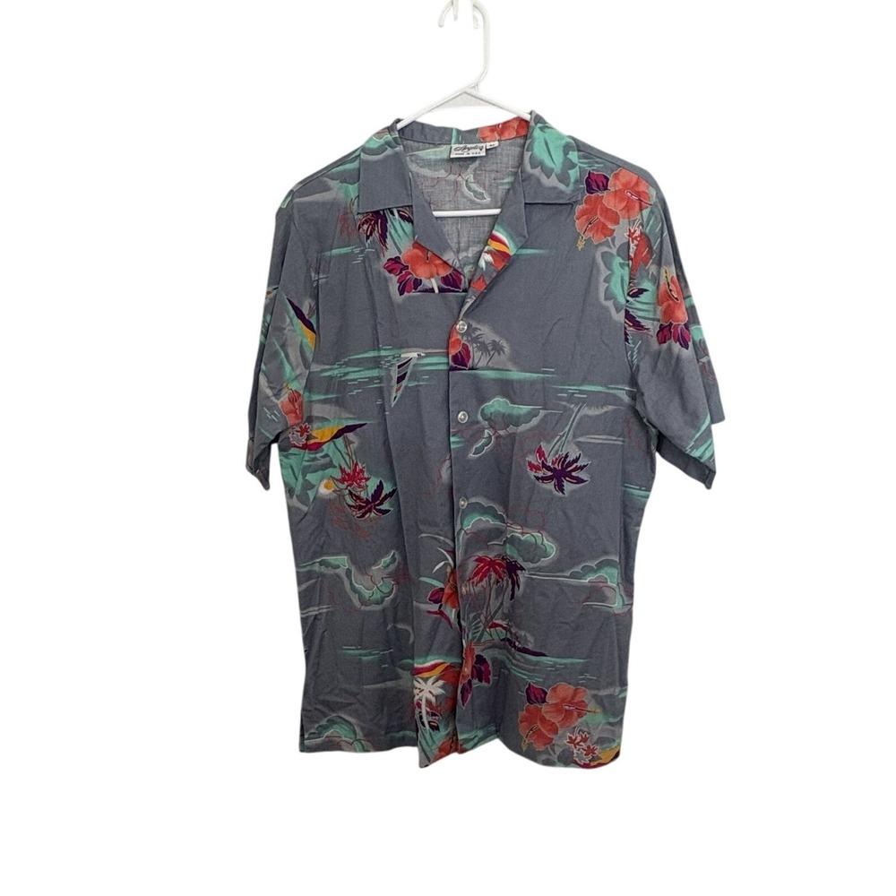 Vintage Angelica Hawaiian Shirt Mens M Gray Tropical Floral Camp Collar USA Made